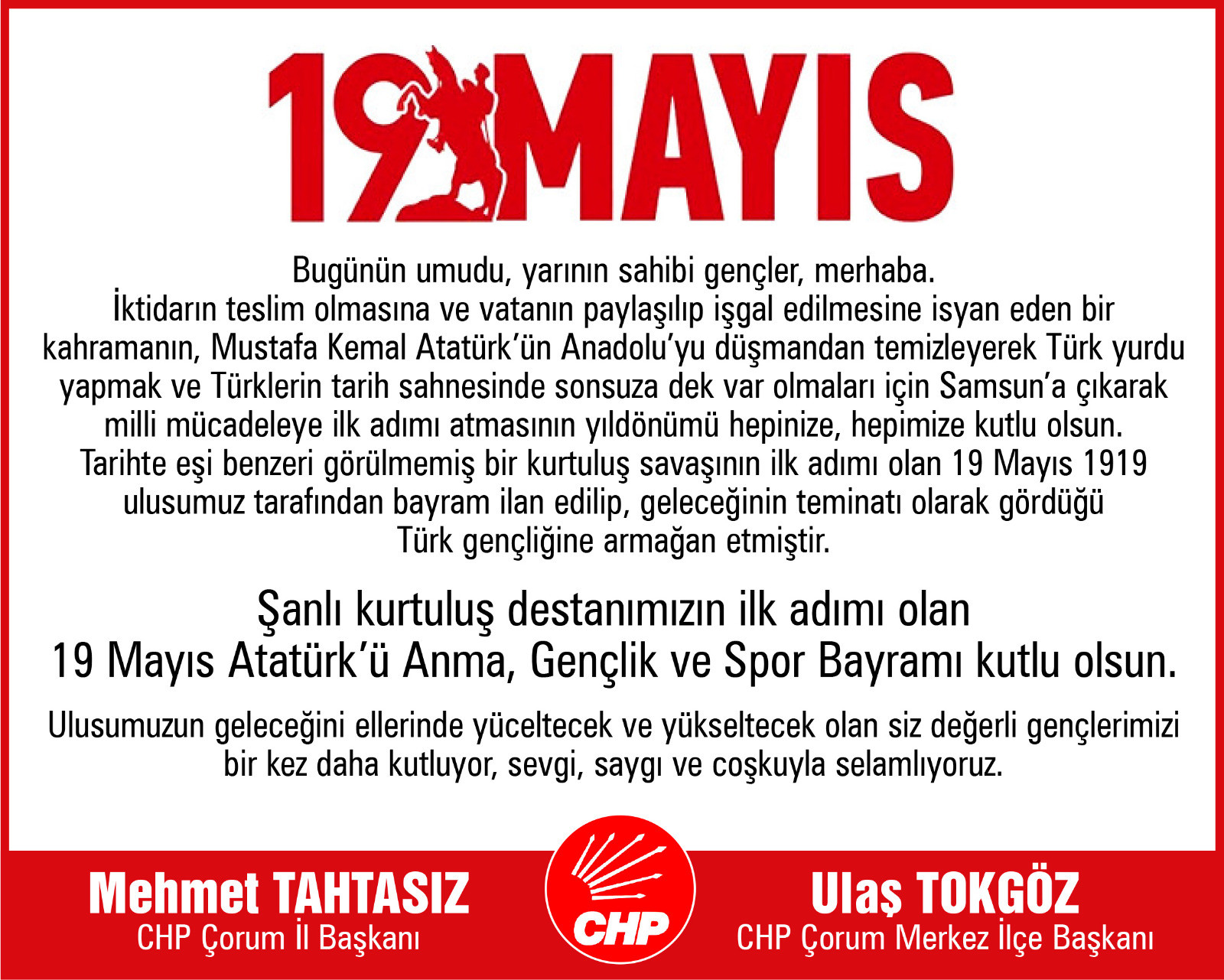 CHP İL VE MERKEZ İLÇEDEN 19 MAYIS BAYRAMI KUTLAMA MESAJI