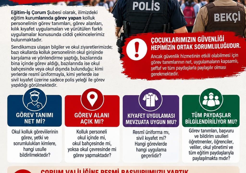 Eğitim-İş Çorum Şubesi’nden okul güvenliği açıklaması:“KALICI ÇÖZÜMLER HAYATA GEÇİRİLMELİ”