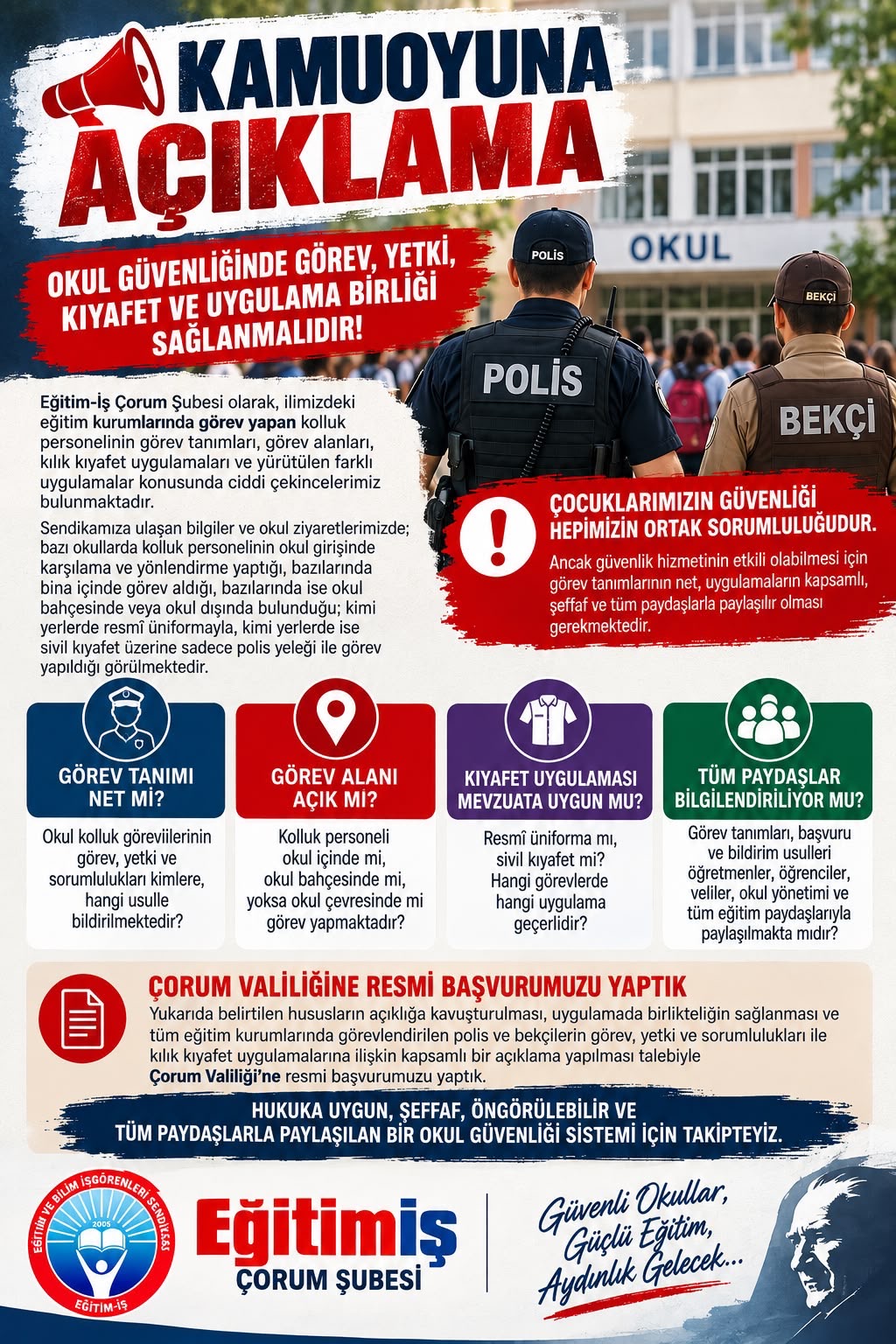 Eğitim-İş Çorum Şubesi’nden okul güvenliği açıklaması:“KALICI ÇÖZÜMLER HAYATA GEÇİRİLMELİ”