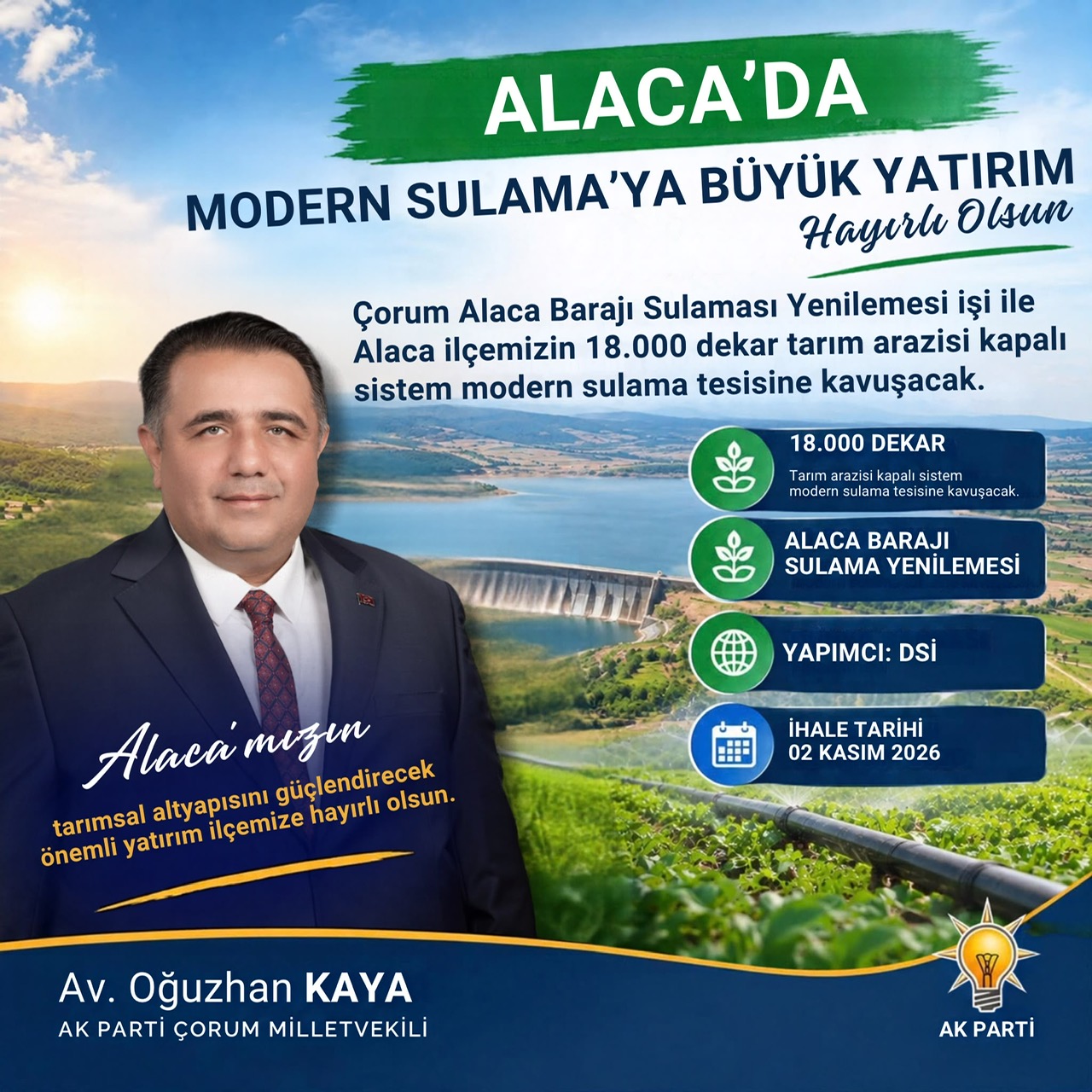 MİLLETVEKİLİ KAYA: “ALACA SULAMASINA BÜYÜK YATIRIM”